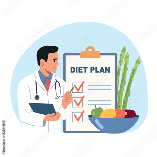 Doctor writing  diet plan with Fruit and Vegetable. Healthy checklist. Vector flat style cartoon illustration