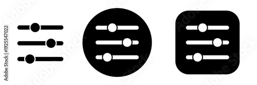 Settings slider icon set with horizontal adjustment control buttons. Customization and configuration UI symbols for app interface and web dashboard design