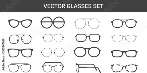Vector illustration set of eyeglass frames showing cat-eye, round, aviator, square, and novelty designs, useful for fashion, eyewear selection, branding, and design projects