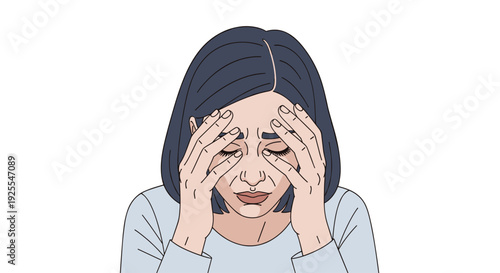 A flat vector illustration of a woman with dark hair pressing her hands against her forehead with a pained facial expression against a white background.