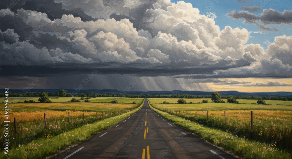 Naklejka premium Stormy Country Road Landscape Painting