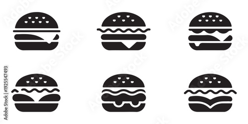 Hamburger icons set featuring six different solid black vector silhouettes of cheeseburgers and sandwiches