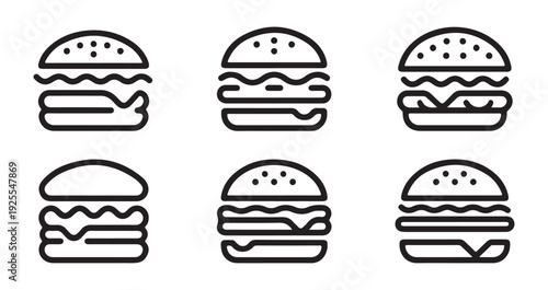 Six different burger icons with various buns and patty layers in outline style