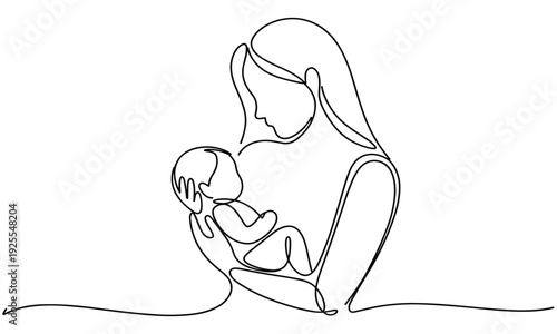 Continuous line art of mother holding a baby tenderly