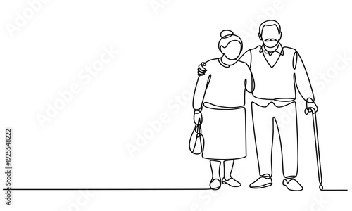 Continuous line drawing of an elderly couple standing together