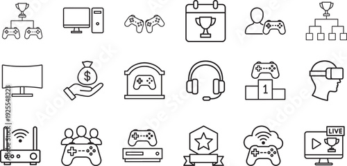 E-sport line editable icon set. Modern gaming tournament and streaming vector symbols pack.