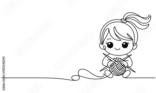 Cute cartoon child knitting with wool and needles 