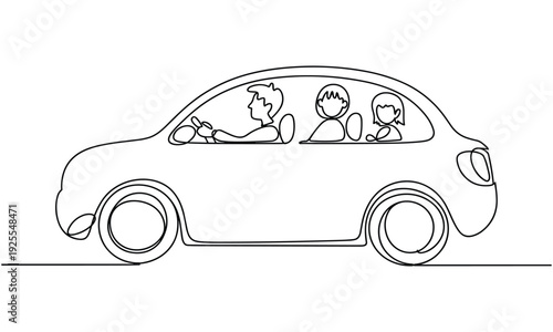 Simple line drawing of a family in a car driving together