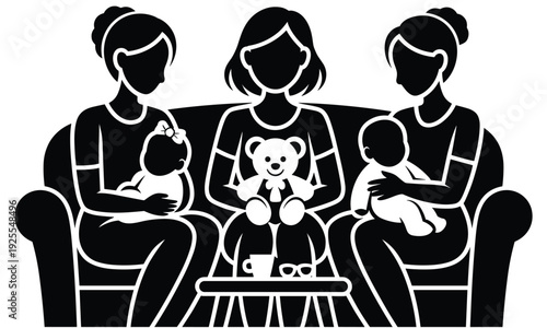 Three mothers holding babies on a sofa