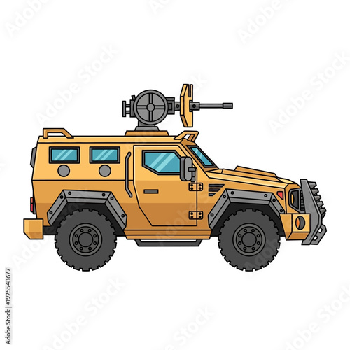 Armored Military Vehicle with Machine Gun Turret - Yellow Tactical Transport