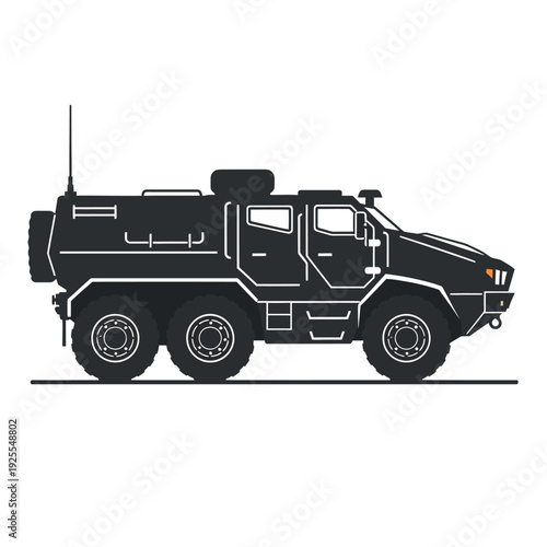 Black armored personnel carrier vehicle, 6x6 all-wheel drive, military transport, side view