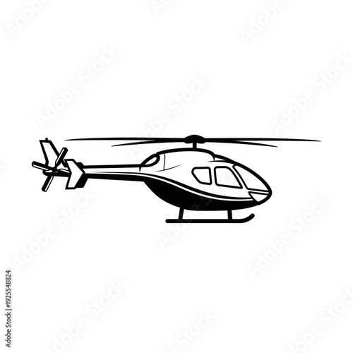 Black and white illustration of a modern helicopter in flight, side view, isolated on white background.