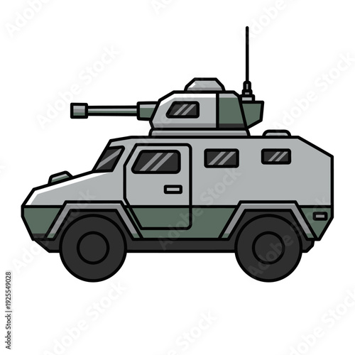 Armored Military Vehicle with Cannon and Antenna