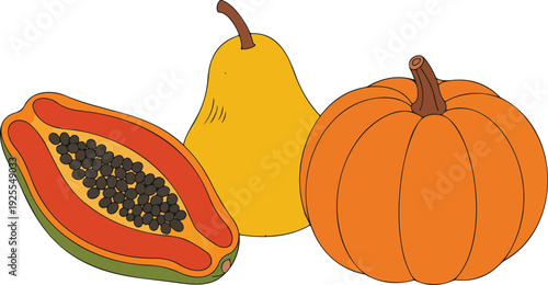 Halved Fruit and Vegetable Vector Illustration Papaya, Pear, and Pumpkin