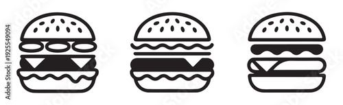 Burger icons set with sesame bun meat patty and cheese slices isolated on white background fast food menu