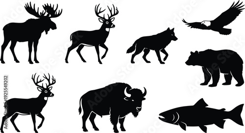 Wild animal silhouette set, moose deer wolf bear eagle bison fish vector illustration isolated wildlife collection design