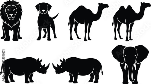 Wild animal silhouette set, lion dog camel rhinoceros elephant vector illustration isolated on white background safari collection