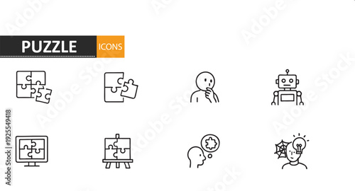 A collection of puzzle pieces and related icons in a grid layout