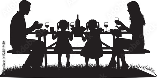 Black vector illustration of a family silhouette enjoying an outdoor picnic at a table on the grass for lifestyle and summer designs