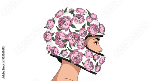 A woman wearing a white full-face motorcycle helmet covered in a dense pattern of pink peony flowers and green leaves is shown in profile.