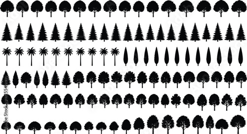 Black Tree Silhouette Collection Featuring Deciduous Coniferous Palm and Cypress Vector Isolated Icons Set for Landscape Design Architecture Graphics and Nature Illustration Projects
