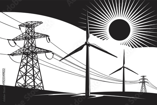 Black vector illustration of a renewable energy landscape featuring wind turbines high voltage power line towers and a stylized sun for sustainability designs