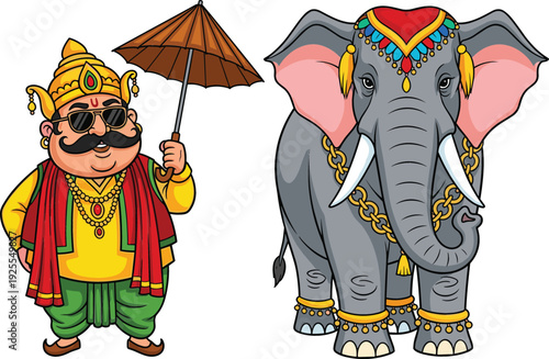 Illustration of a Royal Man with an Umbrella and an Ornamented Elephant for Indian Culture, Traditional, and Royal Design Themes