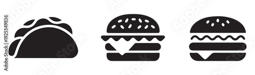 Fast food icons set containing three solid black vector silhouettes of mexican tacos and beef hamburgers