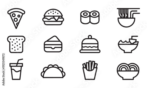 Collection of twelve simple black and white food icons, including pizza, burger, sushi, noodles, and drinks