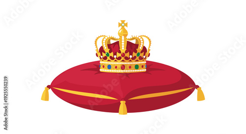 A regal gold crown decorated with colorful gemstones sits on a luxurious red velvet pillow with gold tassels on a plain white background.