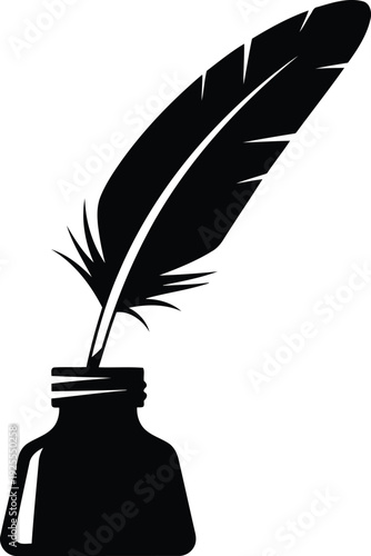 Black quill pen in inkwell silhouette writing instrument