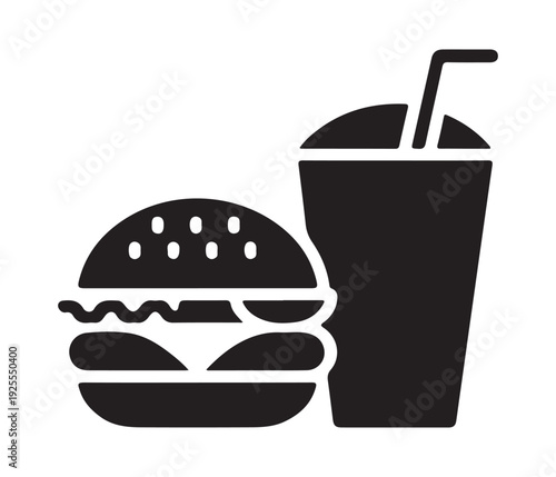 Fast food hamburger and soda drink with straw in simple silhouette icon for menu and restaurant design
