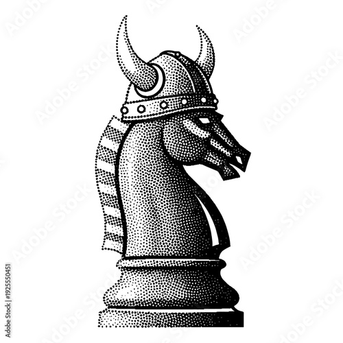 knight chess piece wearing viking helmet illustration in vintage halftone stipple style