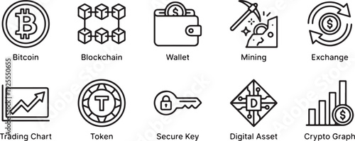A collection of ten simple line icons illustrating various business, finance, and data analytics concepts.