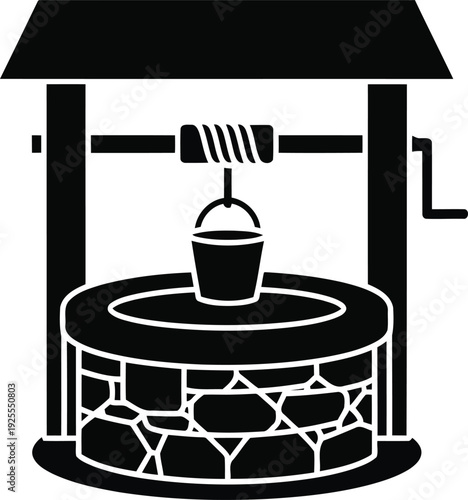 Black silhouette of a stone well with a bucket and crank 1
