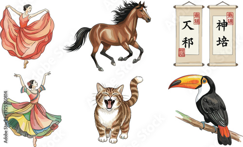 Set of 6 Illustrations Featuring Dance, Horse, Cat, Toucan, and Japanese Calligraphy for Cultural, Wildlife, and Art Design Themes