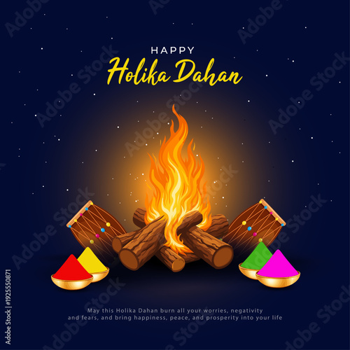 Happy Holika Dahan Vector Illustration with Bonfire and Holi Colors on Night Background