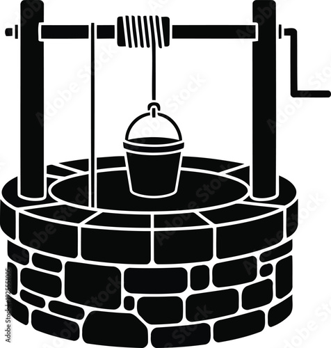 Black silhouette of a stone well with a bucket and crank