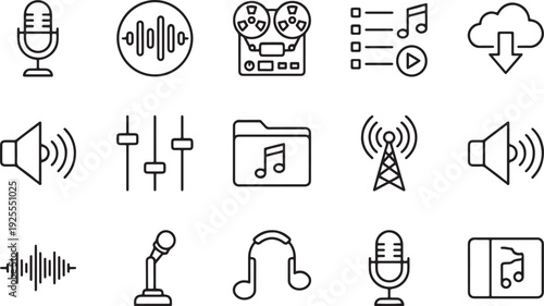 A collection of minimalist icons representing various audio and music concepts