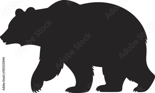 Black Silhouette of a Walking Bear on a White Background animal
