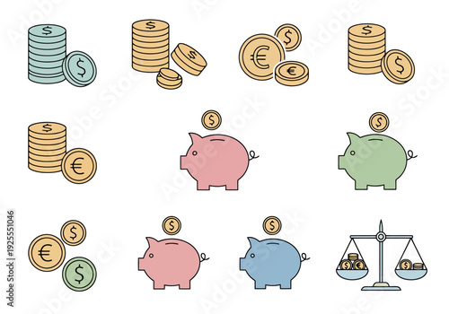 Collection of Financial Icons Showing Stacks of Coins Piggy Banks and Scales Representing Savings Investments and Wealth Management Concepts