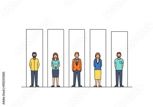Diverse Group of People Standing Against Tall Barriers Representing Different Heights and Opportunities Contrasting Individuality Versus Conformity