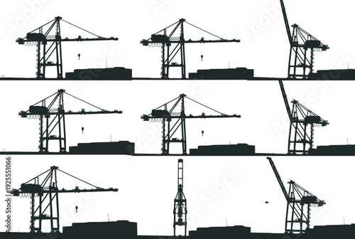 Black vector illustration set of industrial port gantry cranes in various positions for shipping logistics maritime trade and harbor infrastructure design projects