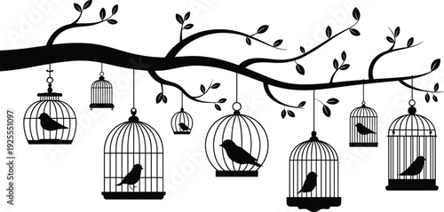 Black silhouette of a tree branch with hanging bird cages and birds vector illustration