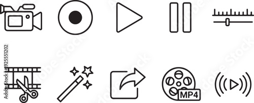 A collection of minimalist black line icons for user interface design, representing various software functions like media controls, formatting, and tools.