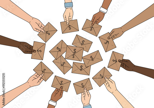 Diverse hands reaching to collect envelopes symbolizing financial transactions and rewards received from communal work