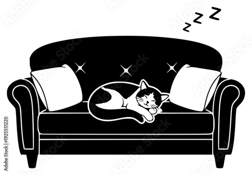 A black and white illustration of a cat sleeping on a couch with its eyes closed, armchair, black, cat, couch, curl, illustration, lay, pad, pillow, sleep, white, against transparent background