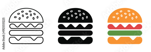 Three hamburger icons outline silhouette and colorized showing different layers and ingredients