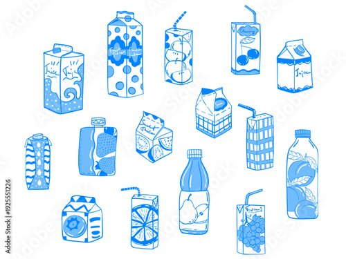 Vector illustration of a set of 15 elements of fruit juices and children's drinks in a paper cardboard box with a straw. Hand-drawn Mediterranean style blue linear sketch of food and drink. Linework 