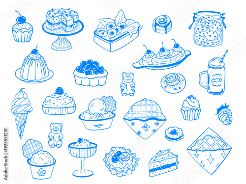 Vector illustration of a set of 24 elements of sweet desserts. Waffles, ice cream, cookies, cake, pastries, jelly. Hand-drawn Mediterranean style blue linear food sketch. Linework doodles products 